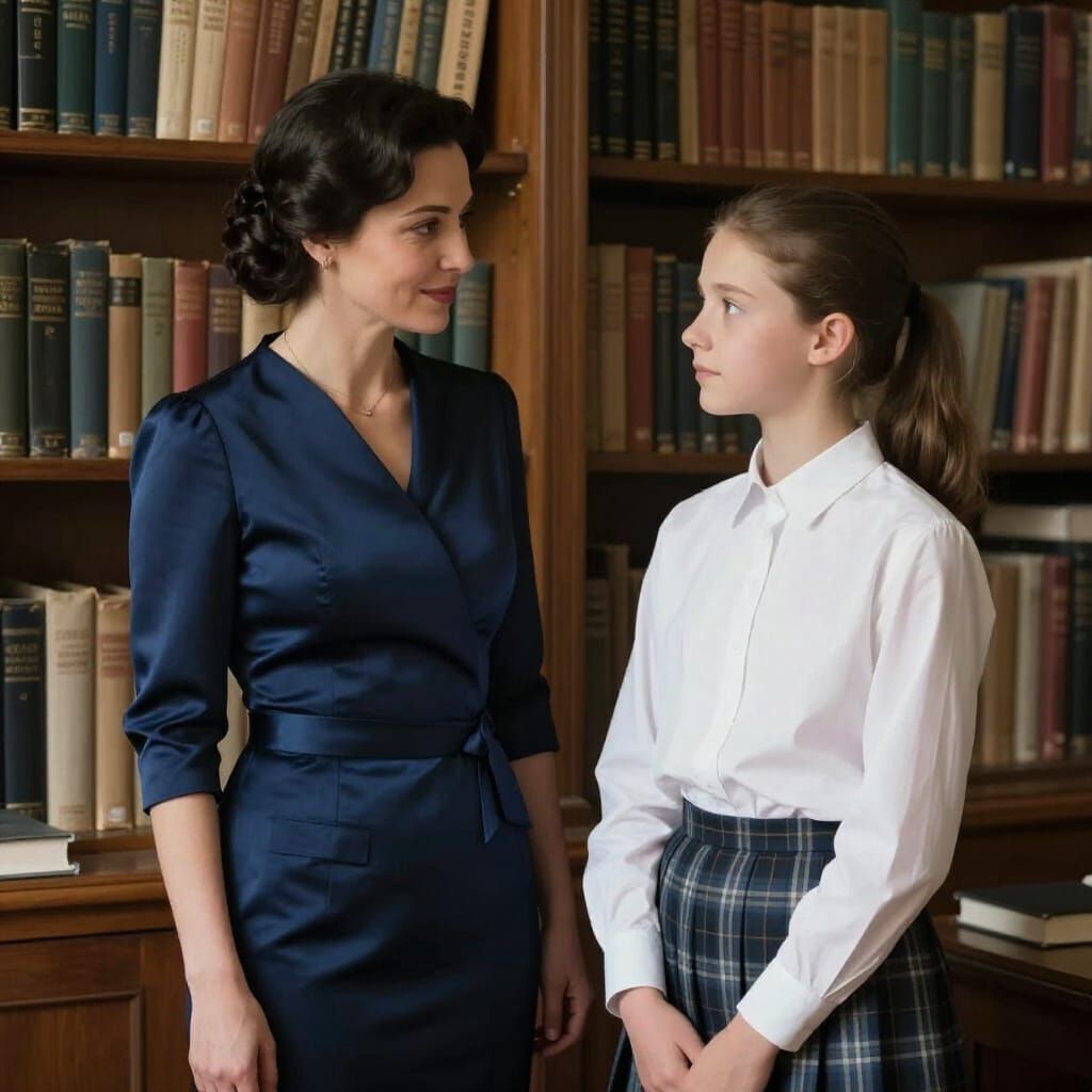 Teacher and Student in Sunlit Library