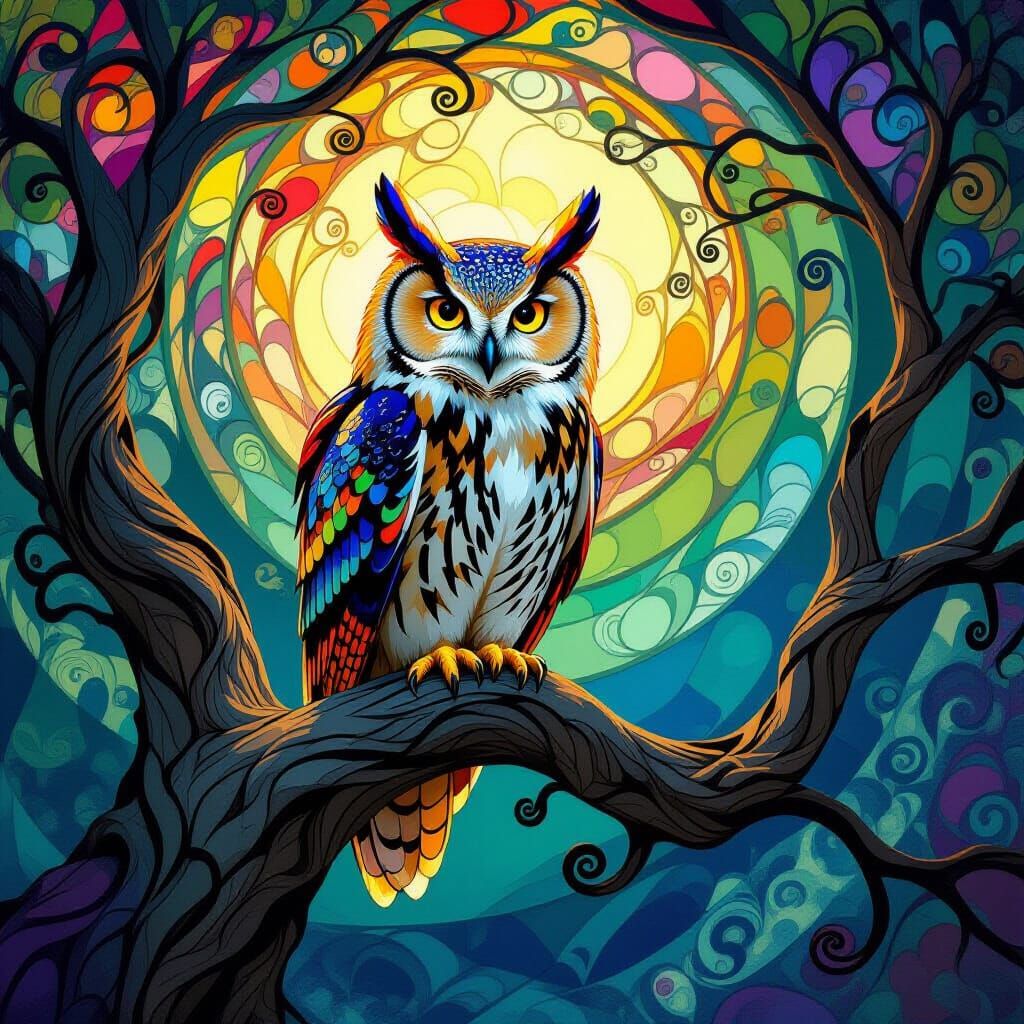 Majestic Owl with Stained Glass Feathers on Art Nouveau Bran...