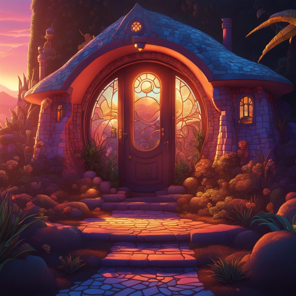 Ghibli-Style Hobbit House with Art Nouveau Door