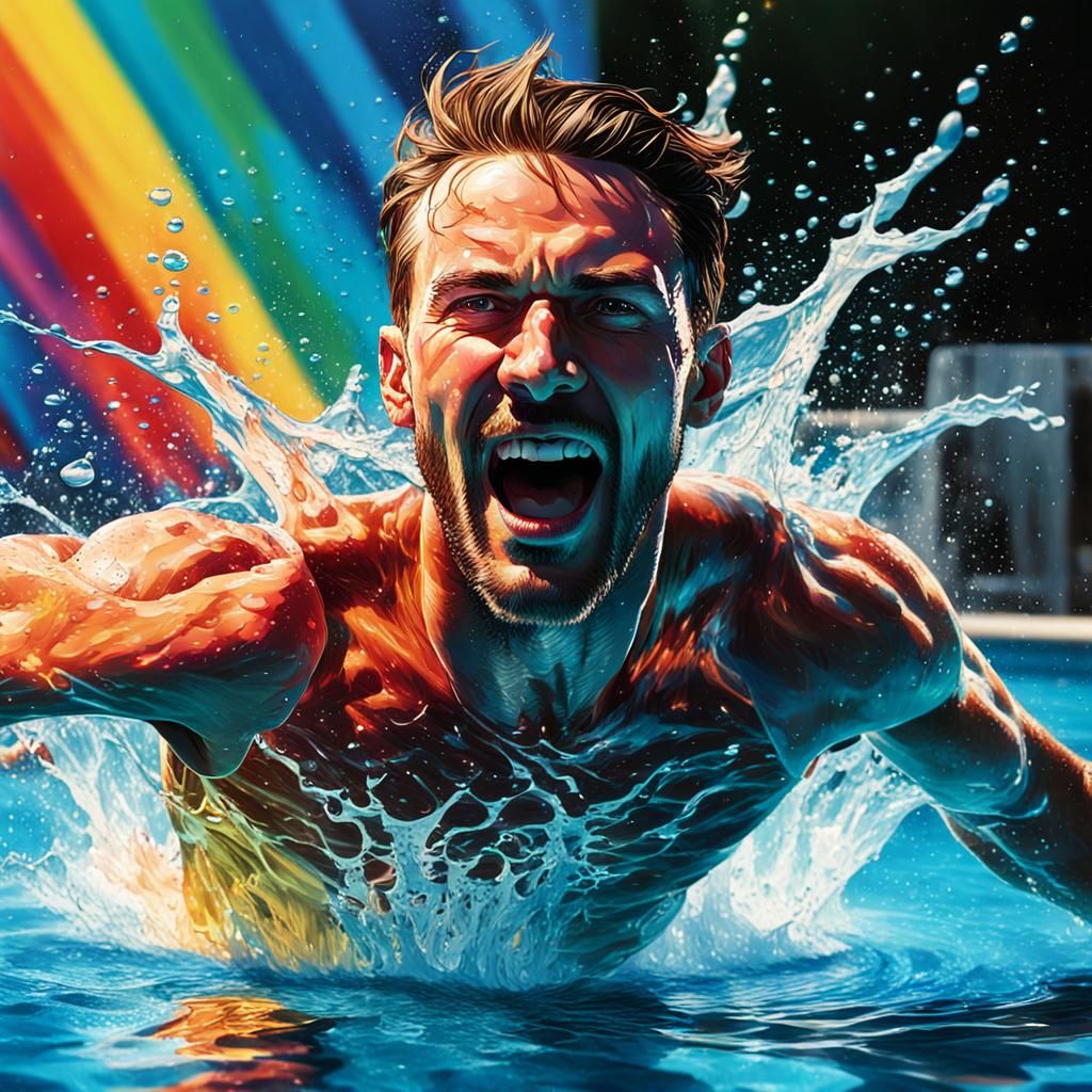 Hyperrealistic Man Jumping Into a Pool