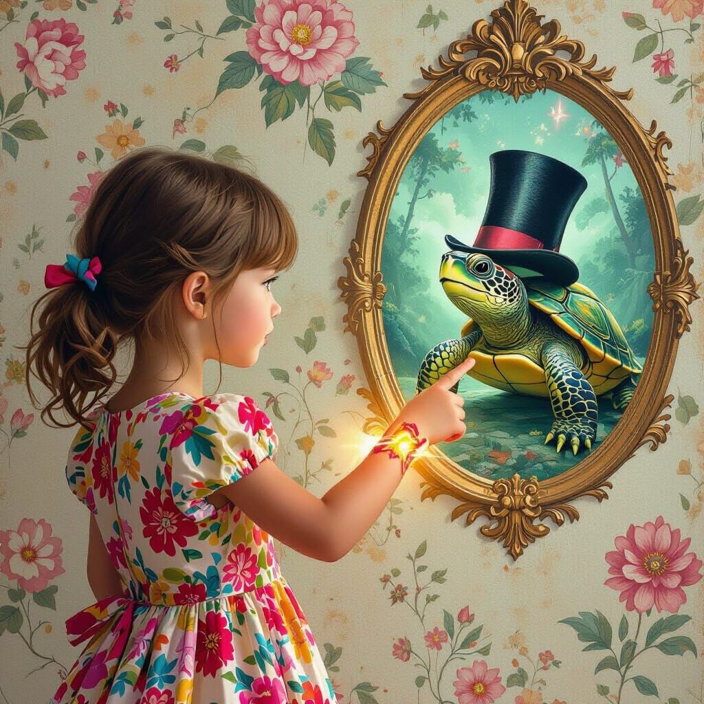 Girl, Turtle, and Top Hat: A Surreal Reflection