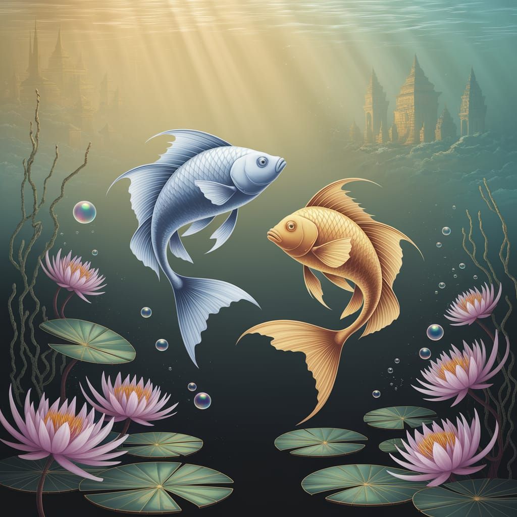 Ethereal Fish Swim Amidst Underwater City in Soft Hues