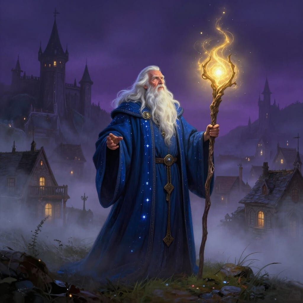 Ancient Wizard Overlooks Mystical Foggy Village in Painterly...