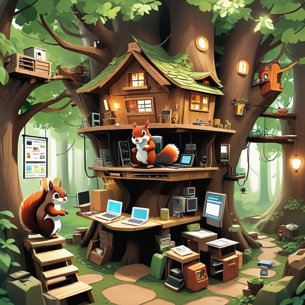 Squirrel Techie Internet Shopping in Treehouse Interior