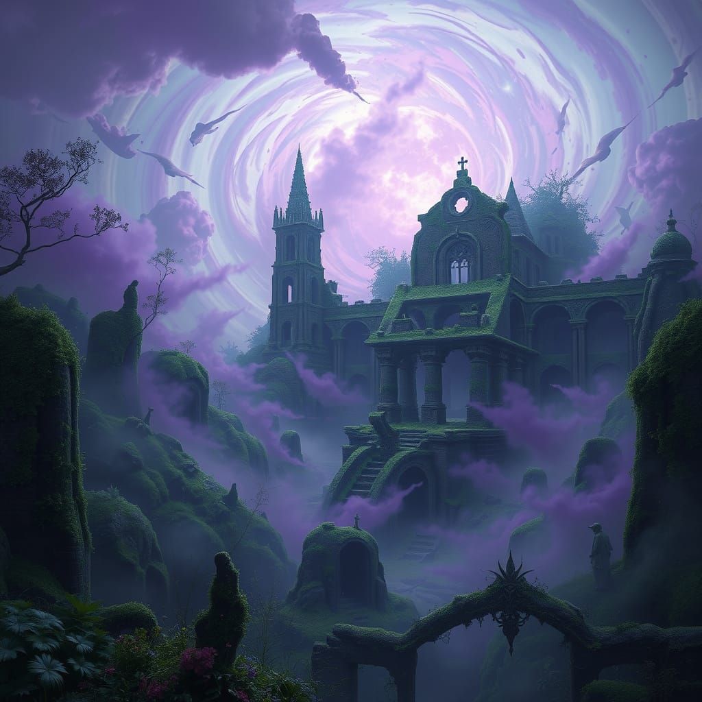 Mystical Ruins in a Swirling Vortex of Purple and Green