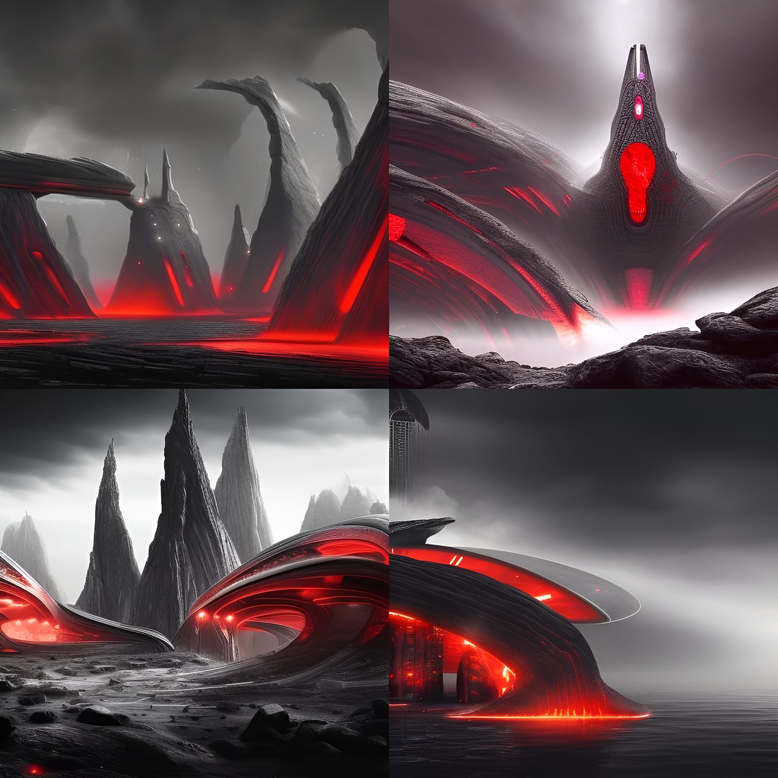 Cyberpunk Landscape with Giger Building and Spaceship