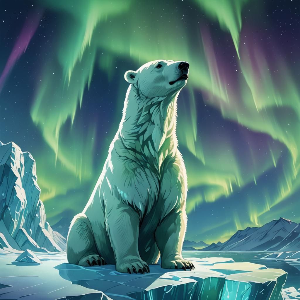 Anime Polar Bear Gazing at Aurora Borealis