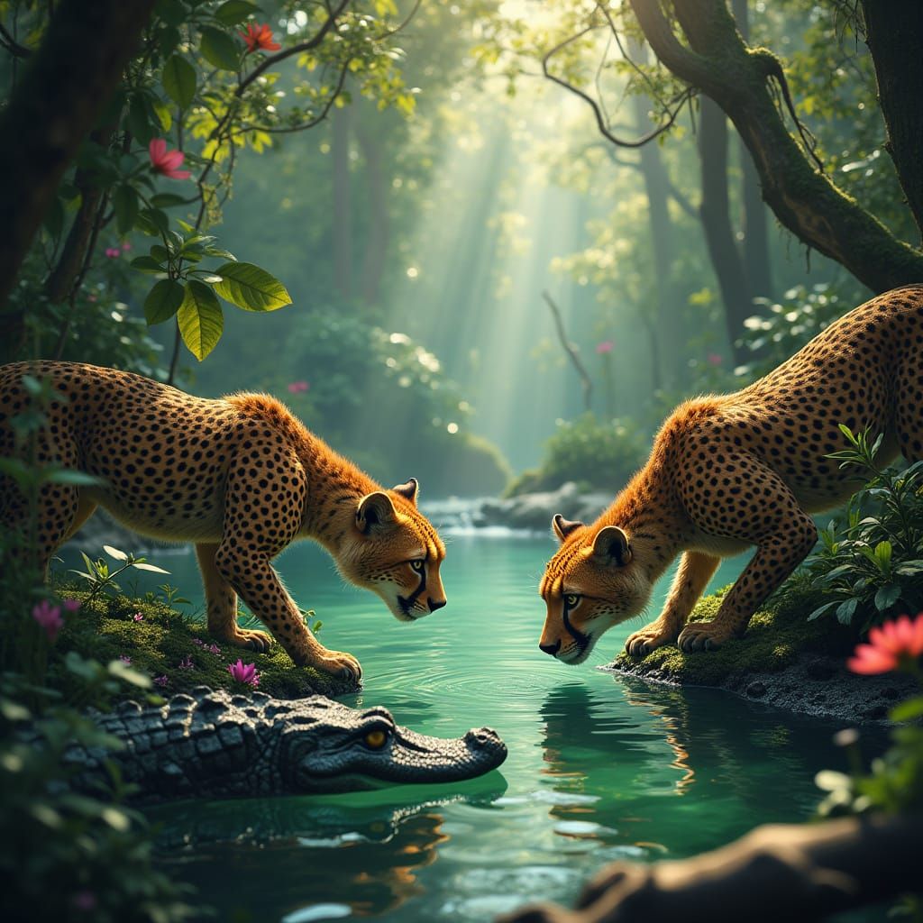 Mystical Cheetahs in Primeval Forest