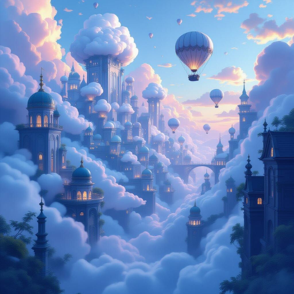 Ethereal Cloud City with Bioluminescent Flora and Airships