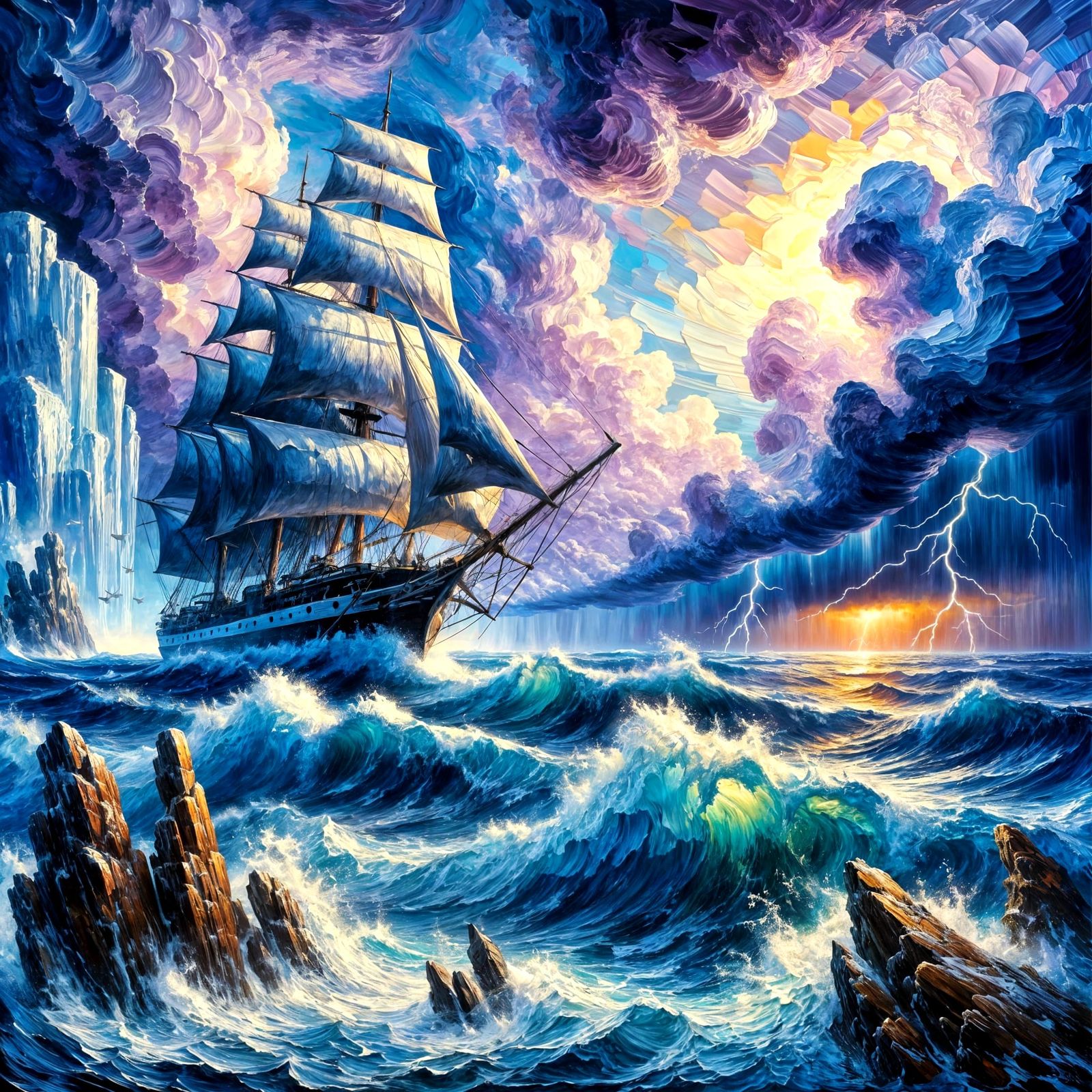 Stormy Seas Sailing Ship Impasto Painting