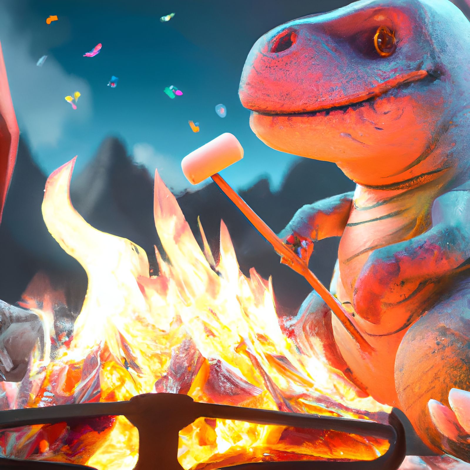 Dinosaur Roasting Marshmallows, Detailed 3D Render