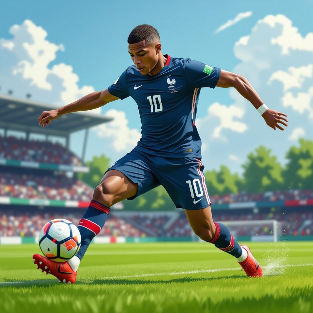 Kylian Mbappe Kicking Soccer Ball in Digital Art Style