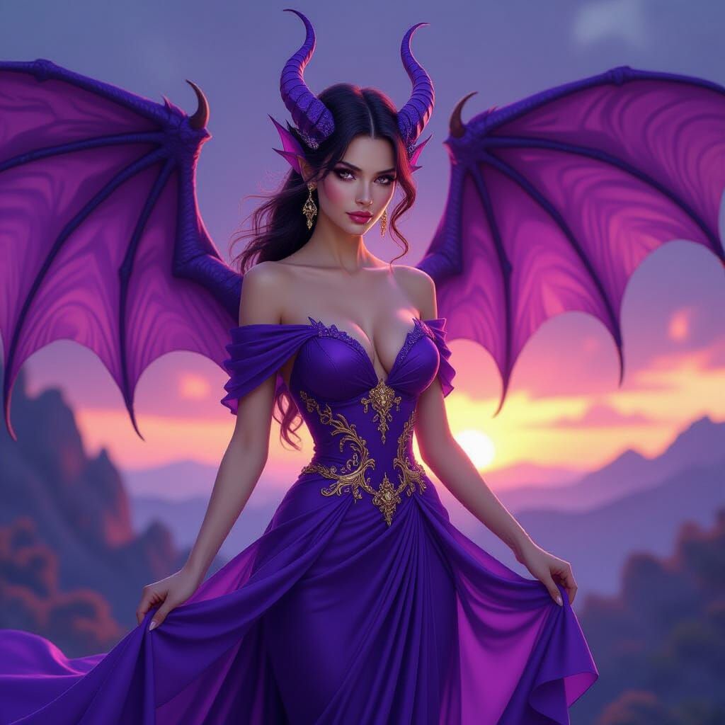 Dragon Woman in Purple Evening Gown with Golden Accents