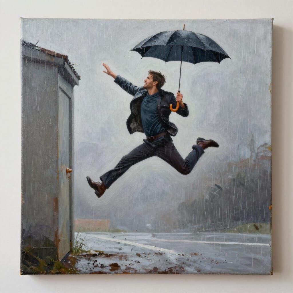 Painting of a man jumping out of a convas Painting into another convas painting while holding an ambrella and it's raini...