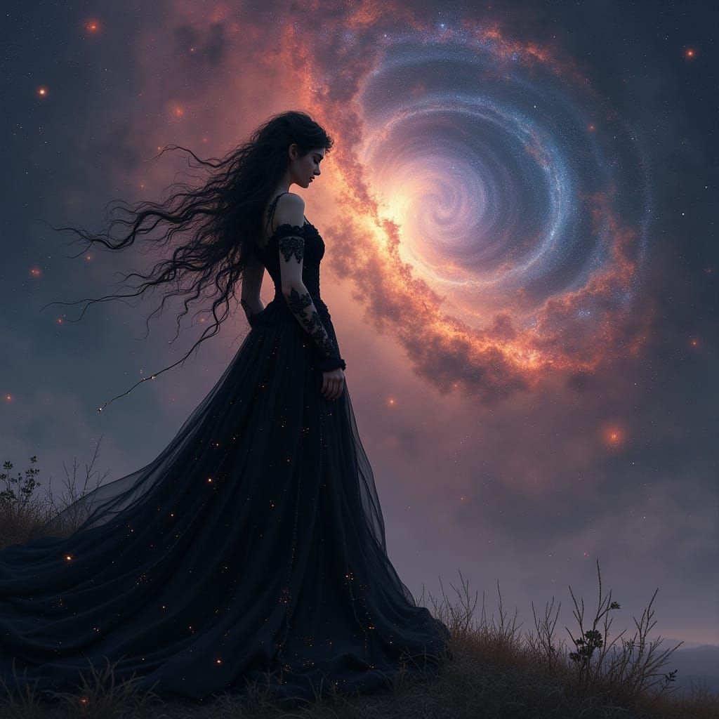 Gothic Woman Gazing at a Distant Galaxy