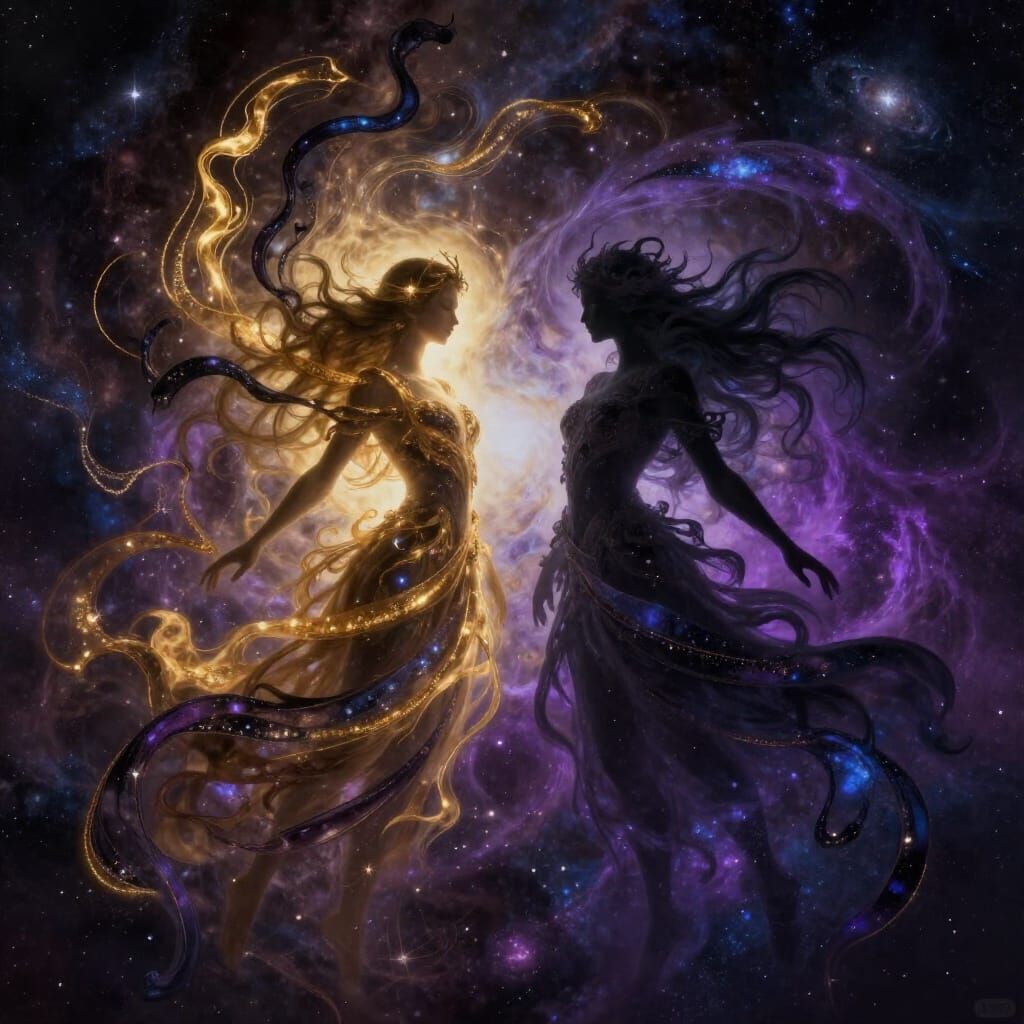 Light and Shadow Figures Dance Through Cosmic Music