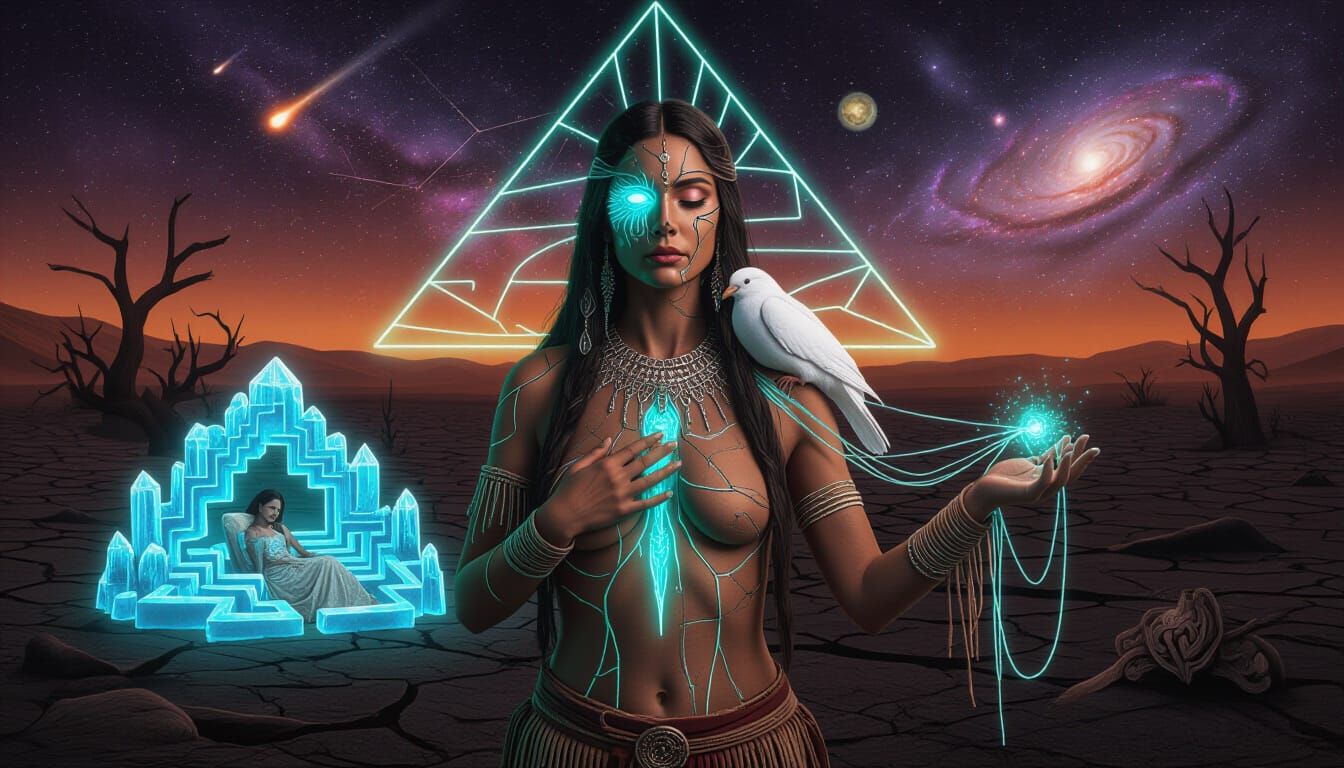 Mystical Shaman with Bioluminescent Core in Cosmic Landscape