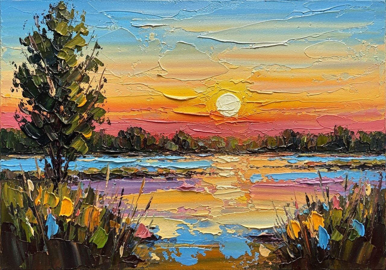 Serene Sunset Landscape Painting with Thick Brushstrokes