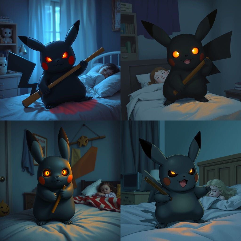 Evil Black Pikachu with Baton in Child's Bedroom at Night