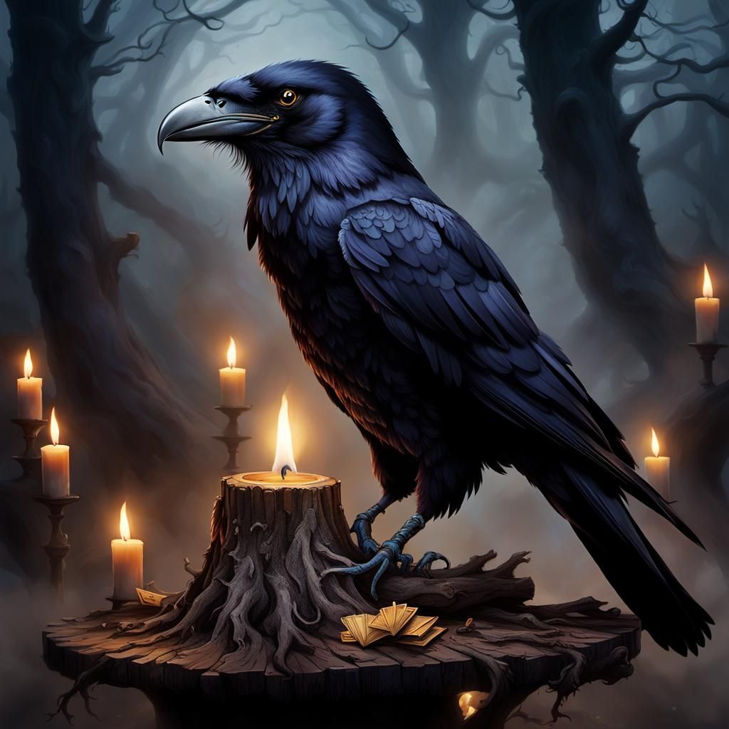 Raven with Ace of Spades in Mystical Setting