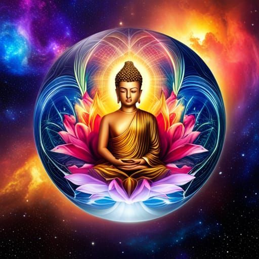 Buddha in Crystal Ball with Galaxy Background