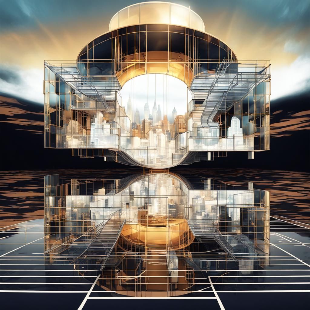 Futuristic Glass City in Steampunk Mondrian Style