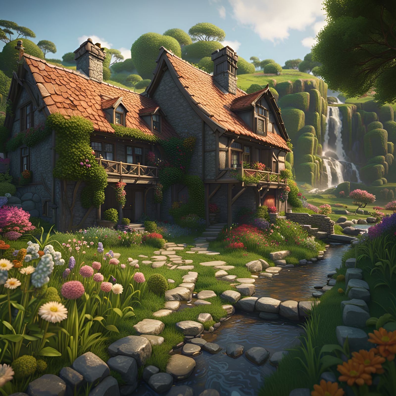 Charming Waterfall Village in Fantasy Concept Art