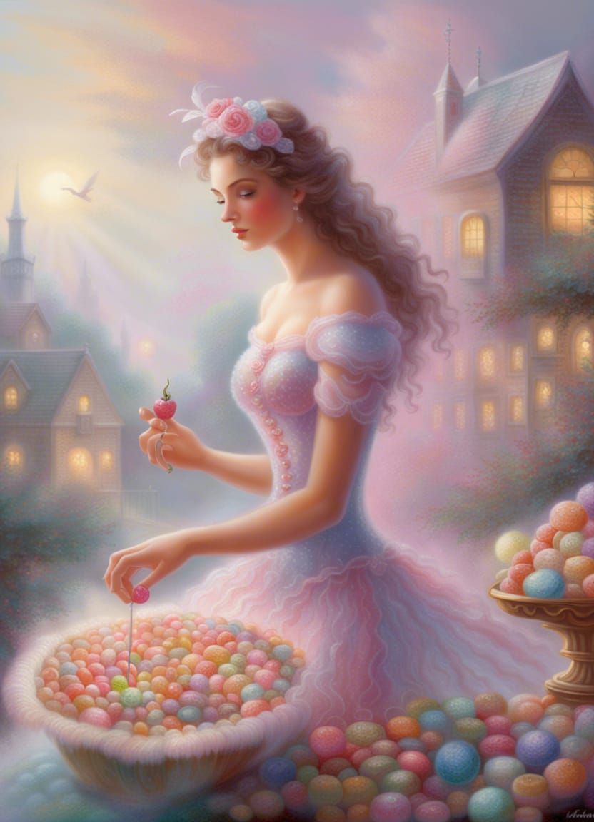 Ethereal Candy Woman in Fantasy Landscape