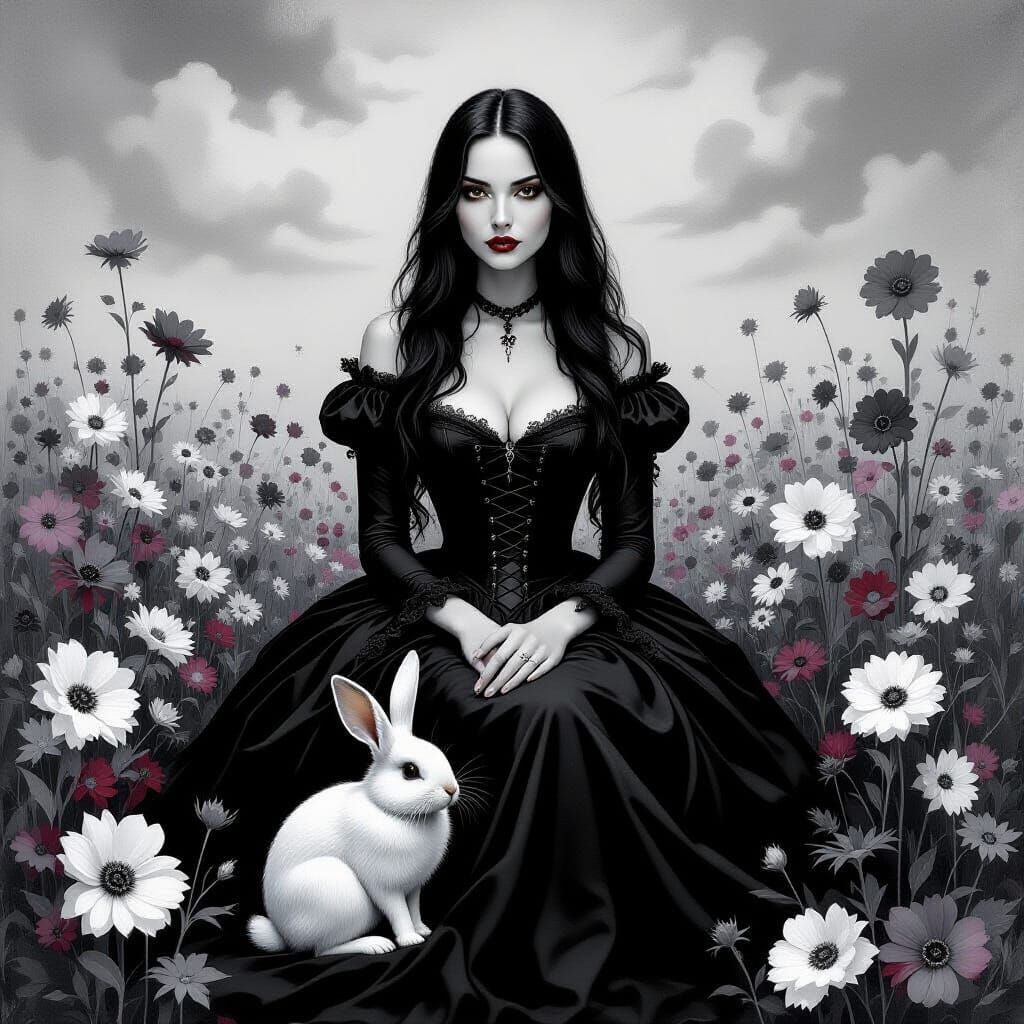 Gothic Woman with Rabbit Amidst Surreal Decay