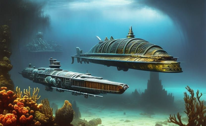 Underwater Retro-Futuristic Submarine in Dieselpunk Style