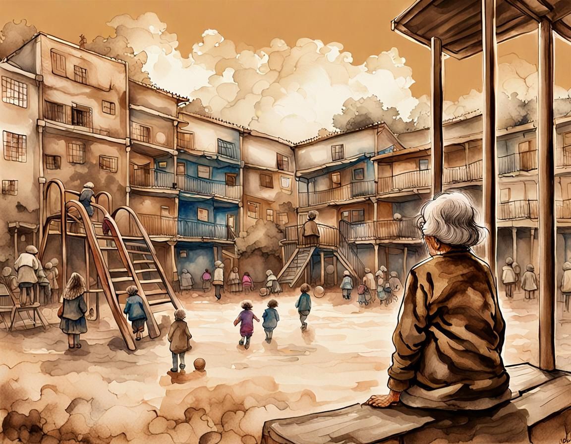 Nostalgic Sepia Art: Woman Watching Children Play