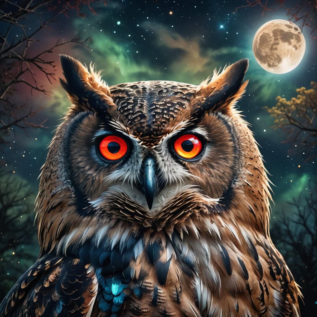 Diamond Owl Portrait Under Starry Moon in 3D