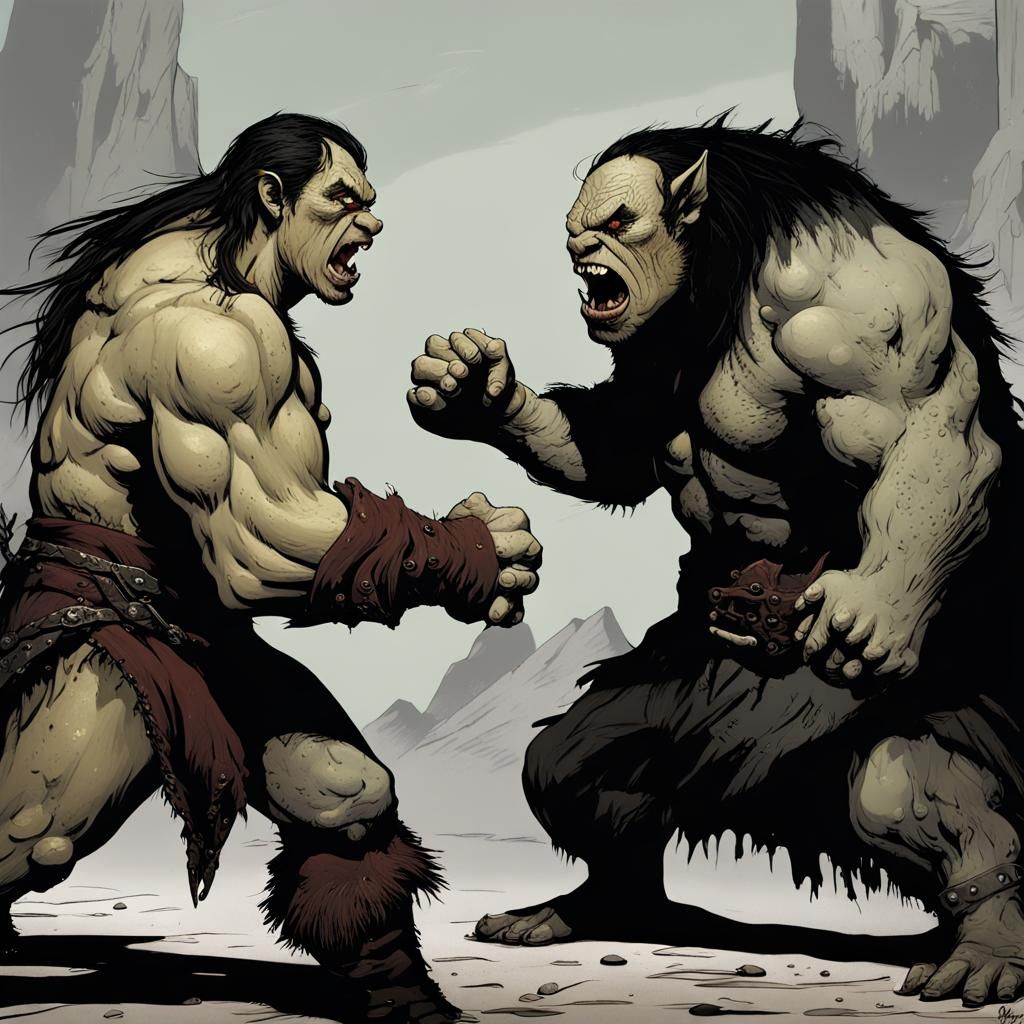 Half-Orc Brawling Ogre: Fantasy Concept Art