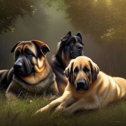 Mastiff and Shepherd Portrait in Detailed Splash Art