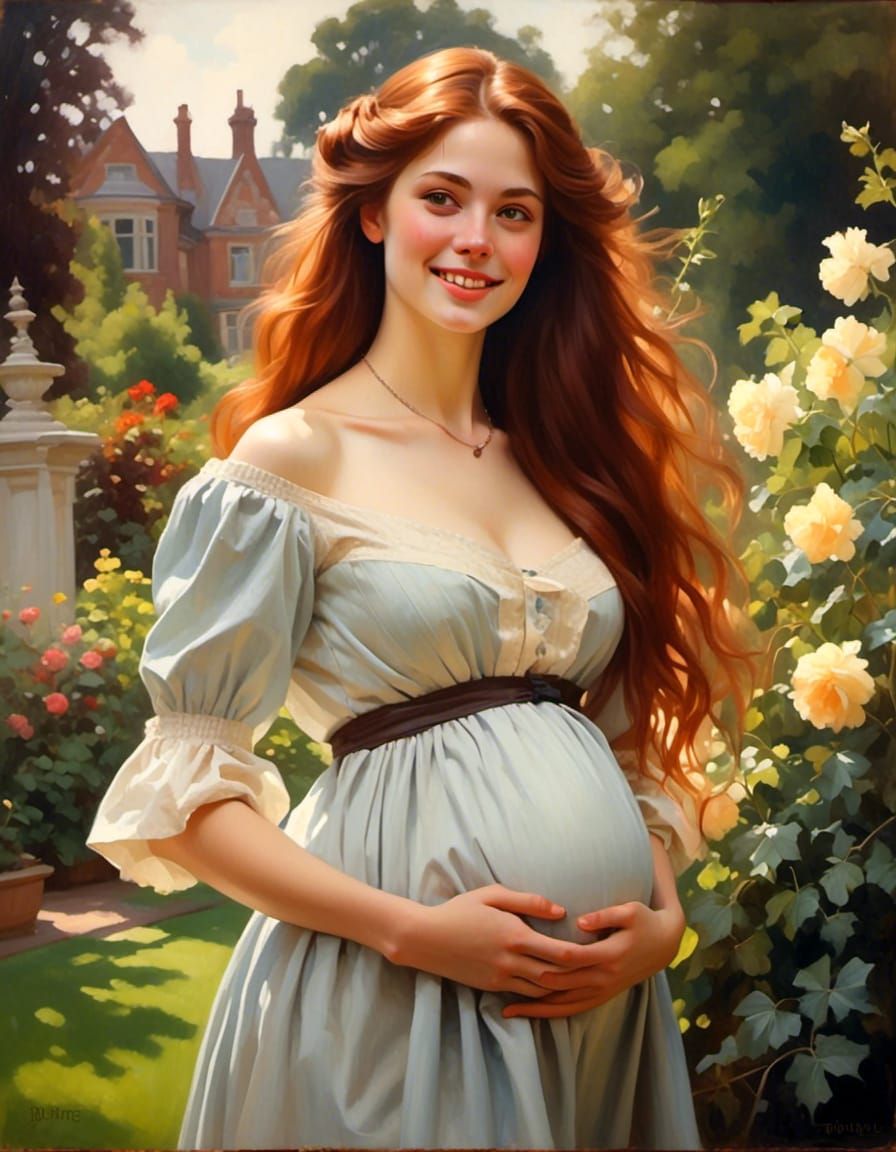 Victorian Pregnant Woman Portrait in Garden Setting