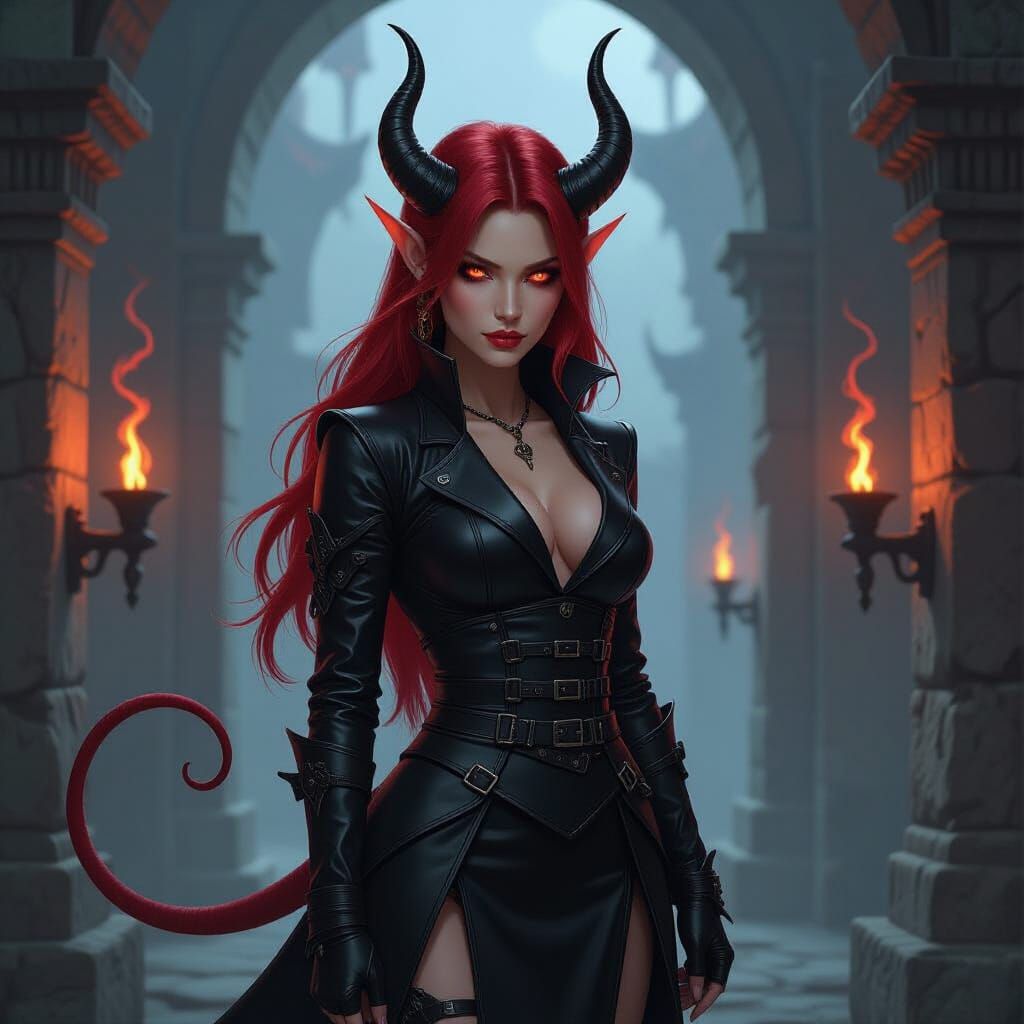 Confident Tiefling Alchemist in Shadowy Arcane Setting