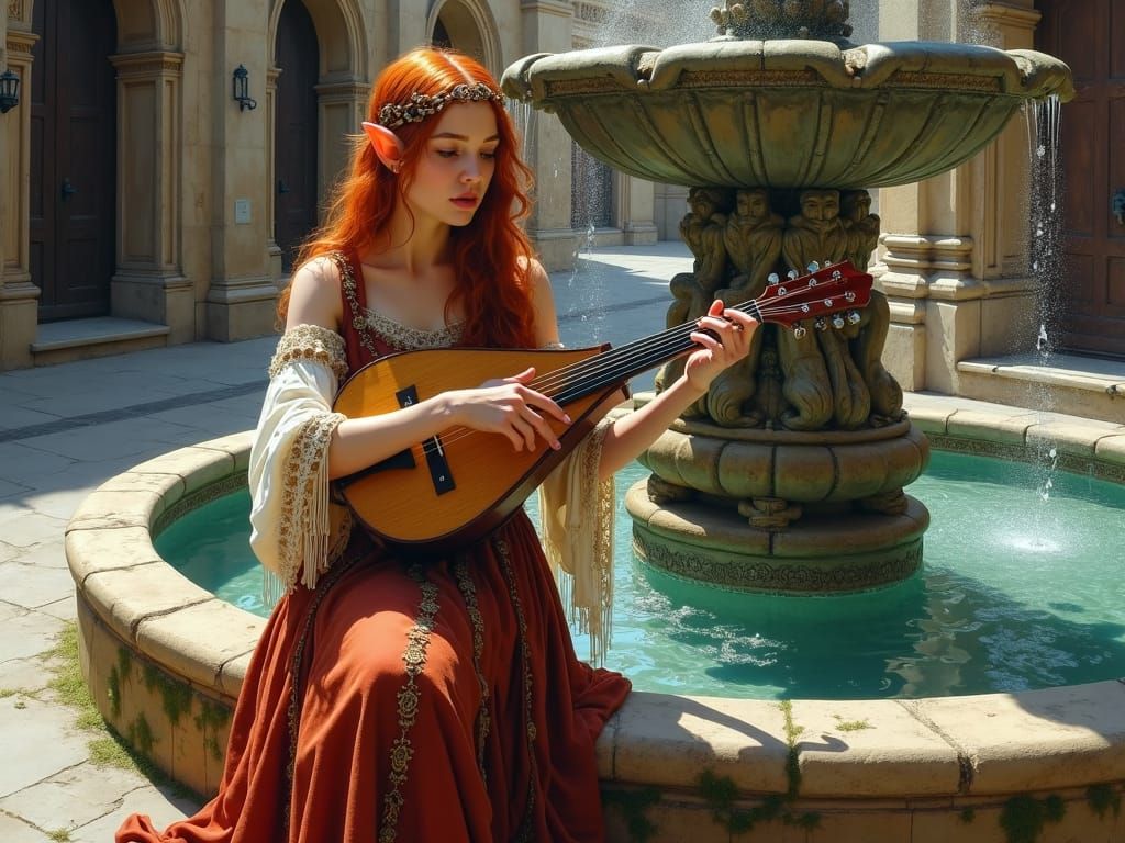 Elven Bard Performing in Gothic Barcelona, Oil Painting