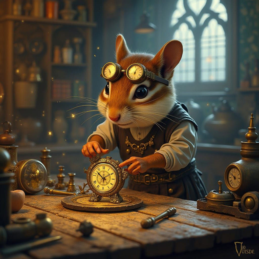 Steampunk Chipmunk Crafts Timepieces in Victorian Workshop