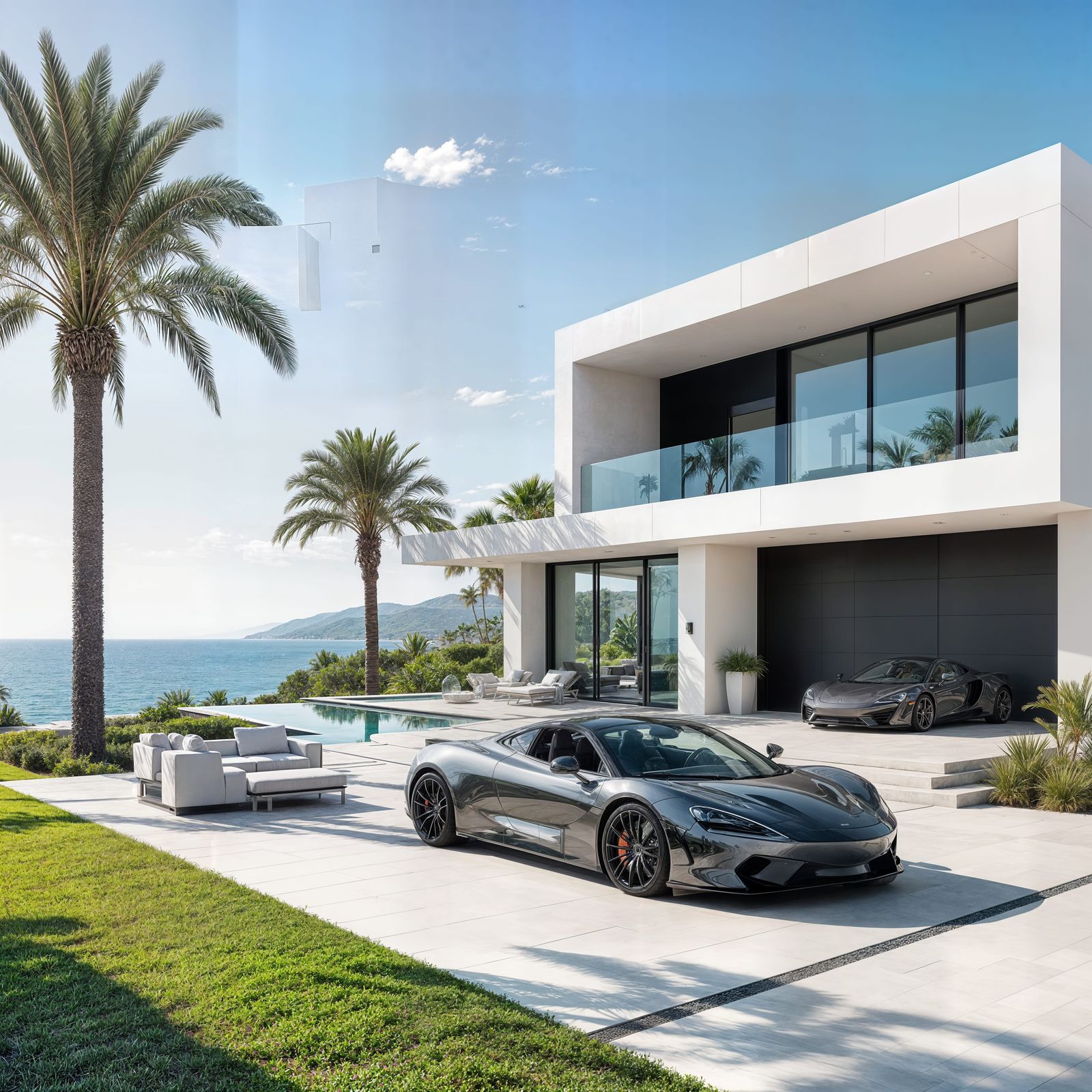 Luxury Seaside Villa with Supercar in Cinematic Style