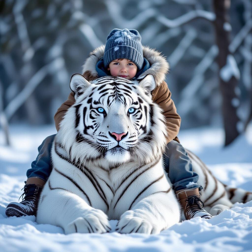 Boy and White Tiger in Snowy Forest