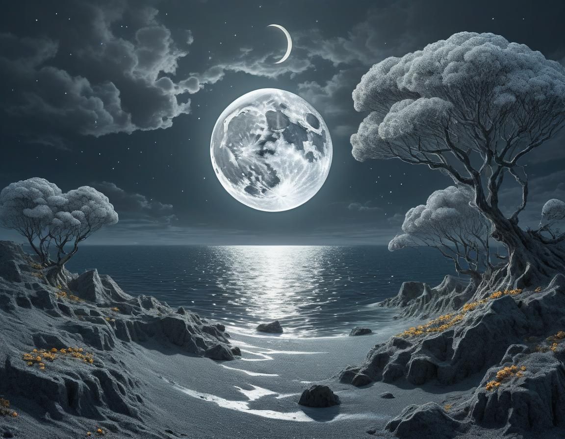 Ethereal Floral Landscape with Silver Moon in Steampunk Styl...