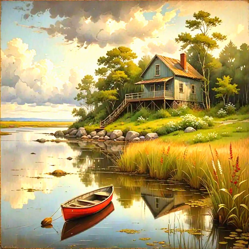 Lakeside House with Red Rowboat Digital Painting