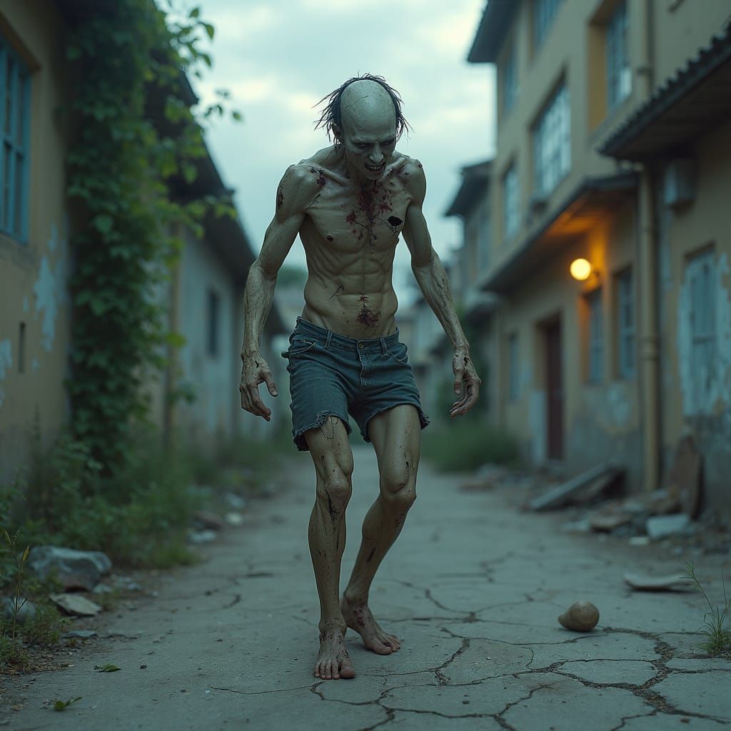 Hyperrealistic Decayed Humanoid in Abandoned Cityscape