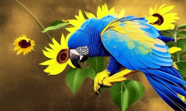 Blue and Yellow Parrot in Sunflower Field