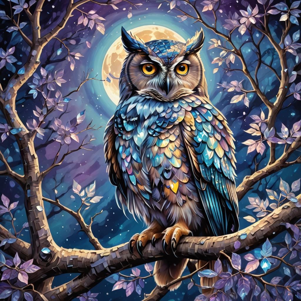 Diamond Owl on Crystalline Branch in Fantasy Art