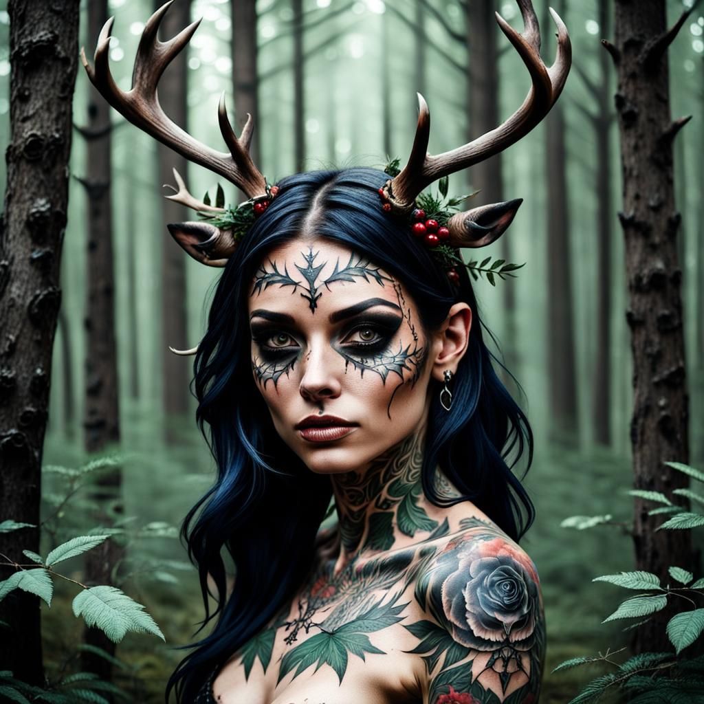 Woman with Tattoos and Antlers in Forest
