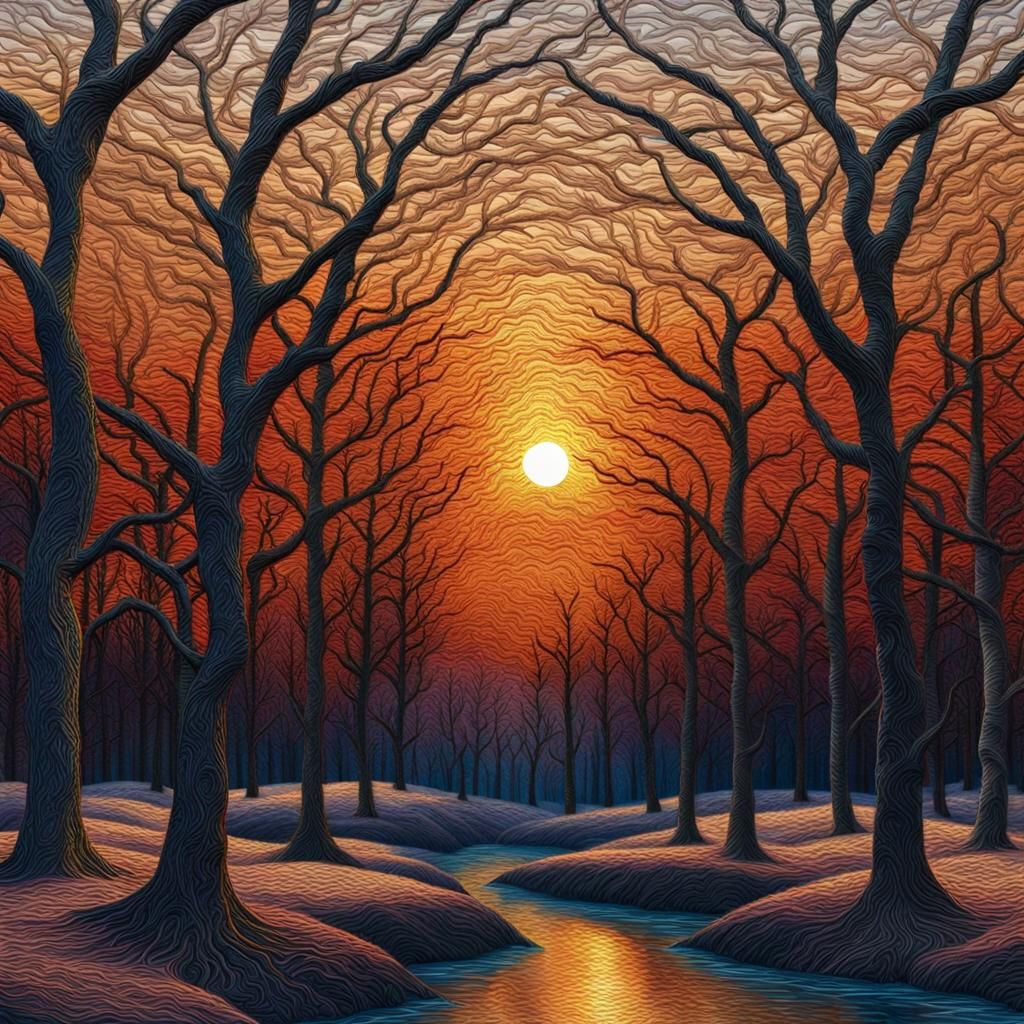 Embroidered Sunset Over Embossed Leafless Forest