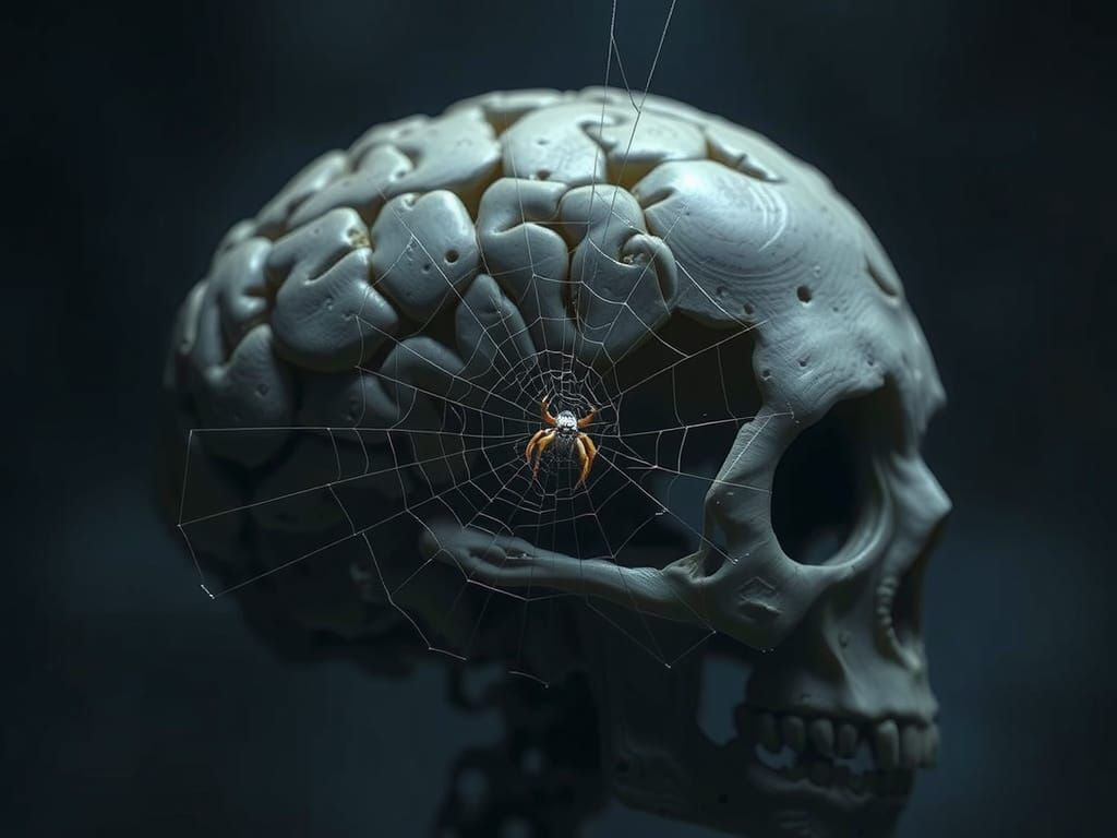Macabre Cranium Inhabited by a Tiny, Flickering Spider