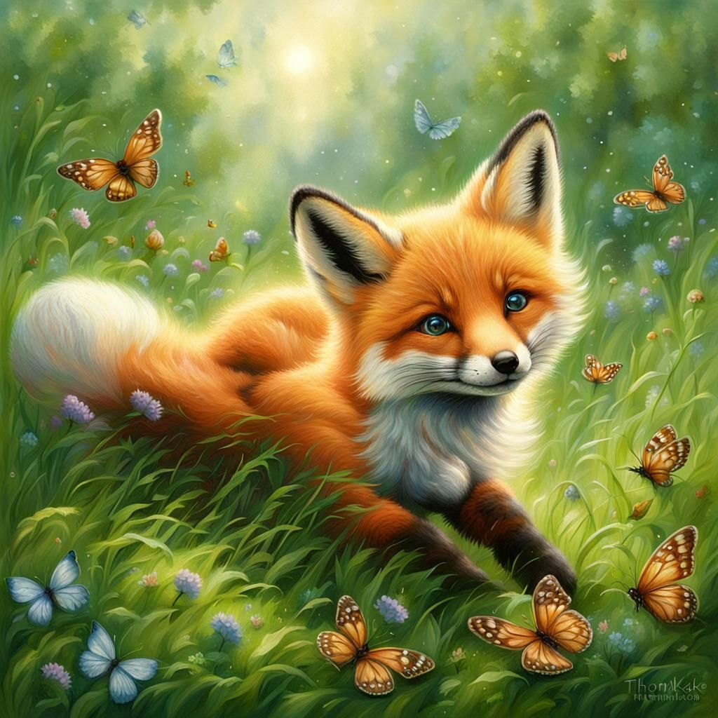 Baby Fox in Lush Grass, Ethereal Fantasy Art