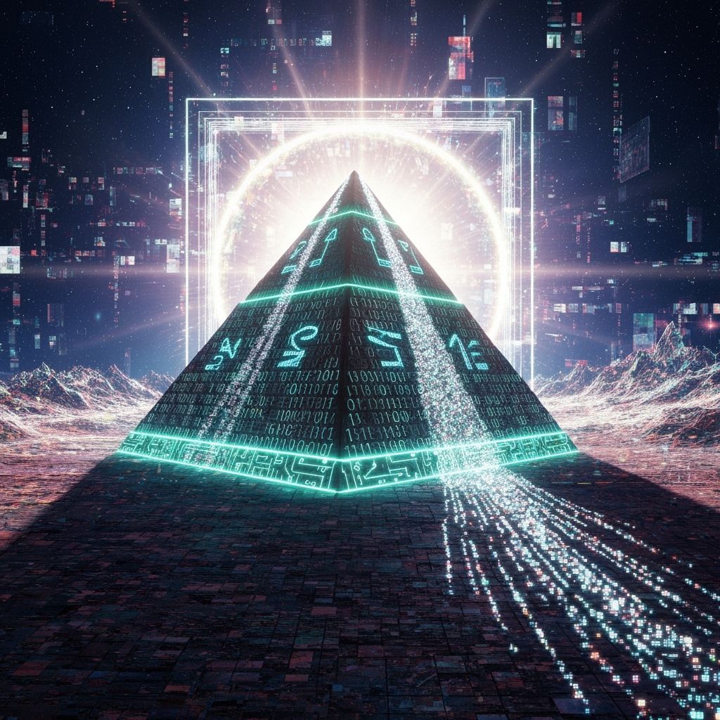 Digital Pyramid in Space with Binary Code and Neon Edges